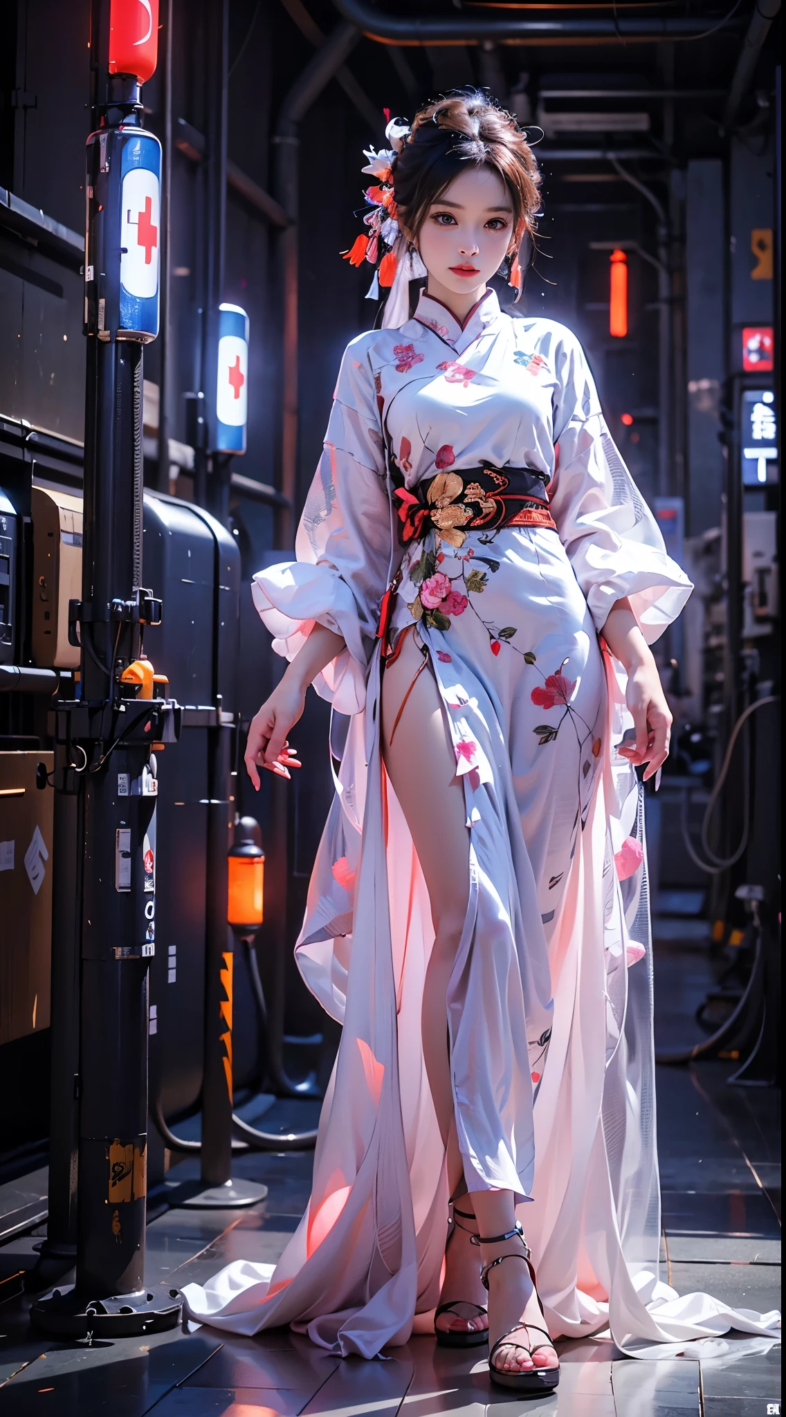 1 girl solo, perfect_hand, (8k, RAW photo, best quality, masterpiece:1.2), (realistic, photo-realistic:1.4), (extremely detailed CG unity 8k wallpaper),1girl,full body,slender,sexy, (neon lights), machop, mechanical arms, hanfu, Chinese clothes, dress, front view
