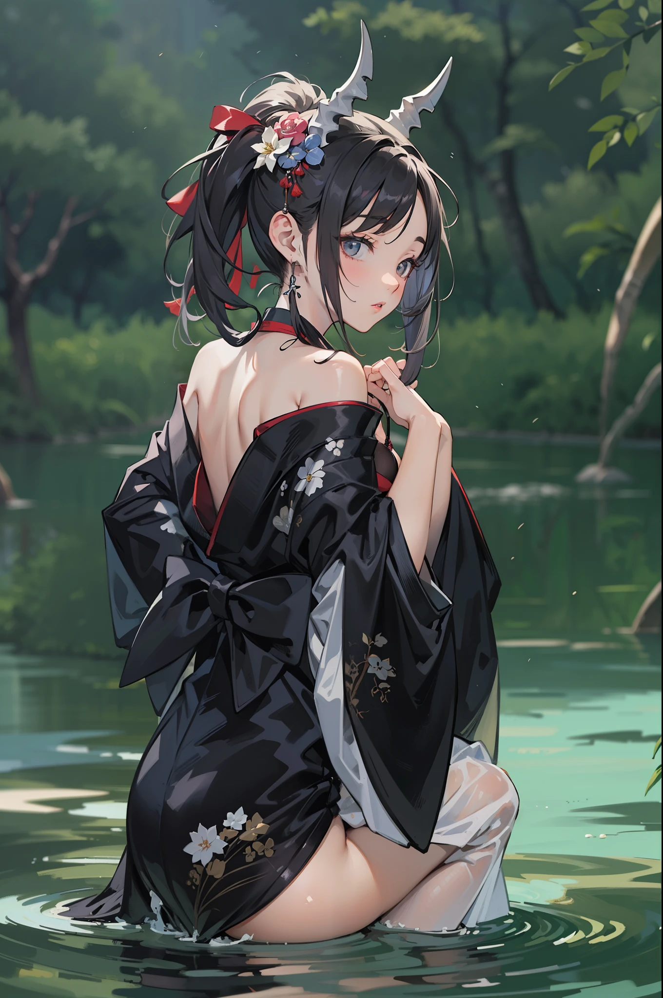 (masterpiece, best quality:1.2), nsfw, (1girl, solo), 20years old, (full body, wide shot:1.1), (black kimono, undressing, black bikini bra, bare shoulder), (demon horns:0.8), gleaming skin, squatting on the river side