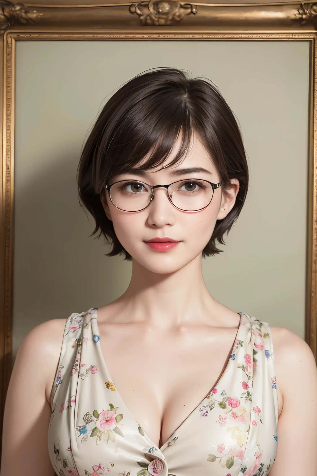 138
(a 20 yo woman,draw a self-portrait), (A hyper-realistic), (high-level image quality), ((beautiful hairstyle 46)), ((short-hair:1.46)), (Gentle smile), (breasted:1.46), (lipsticks), (wears glasses,wide,a room), (florals), (an oil painting、Rembrandt)