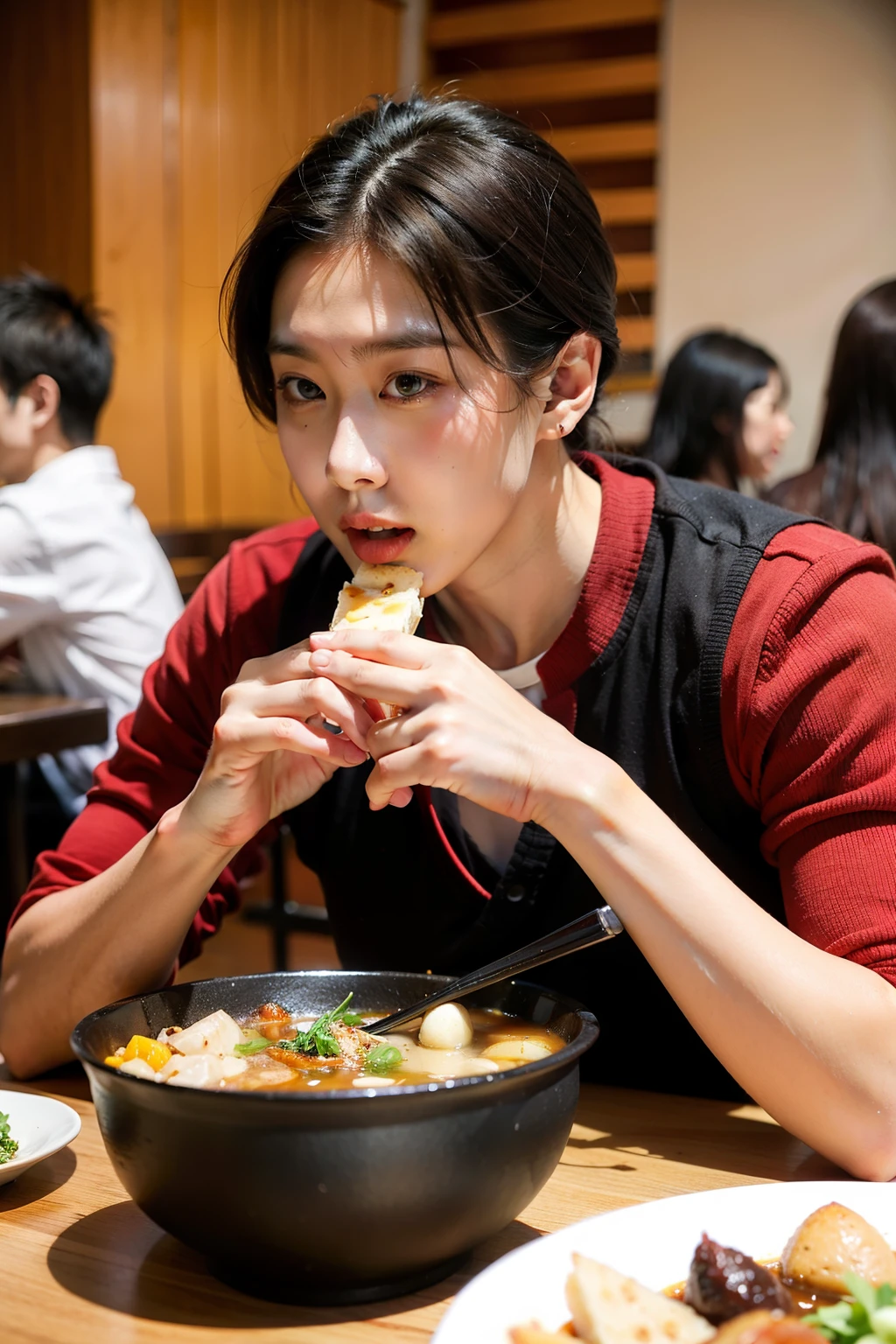 Woman eating a meal at a restaurant with a bowl of soup - SeaArt AI