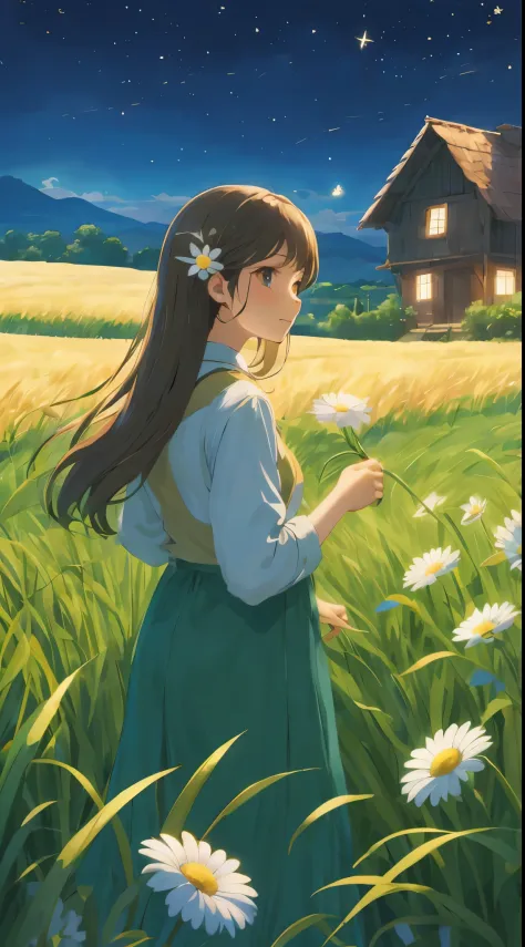 Anime girl looking at house in daisy field, Shinkai sincerely art style, ( ( Shinkai sincerely ) ), studio glibly Shinkai sincerely, Beuatiful anime, Shinkai sincerely!, Shinkai sincerely style, Shinkai sincerely and artgerm, Anime countryside landscape, S...