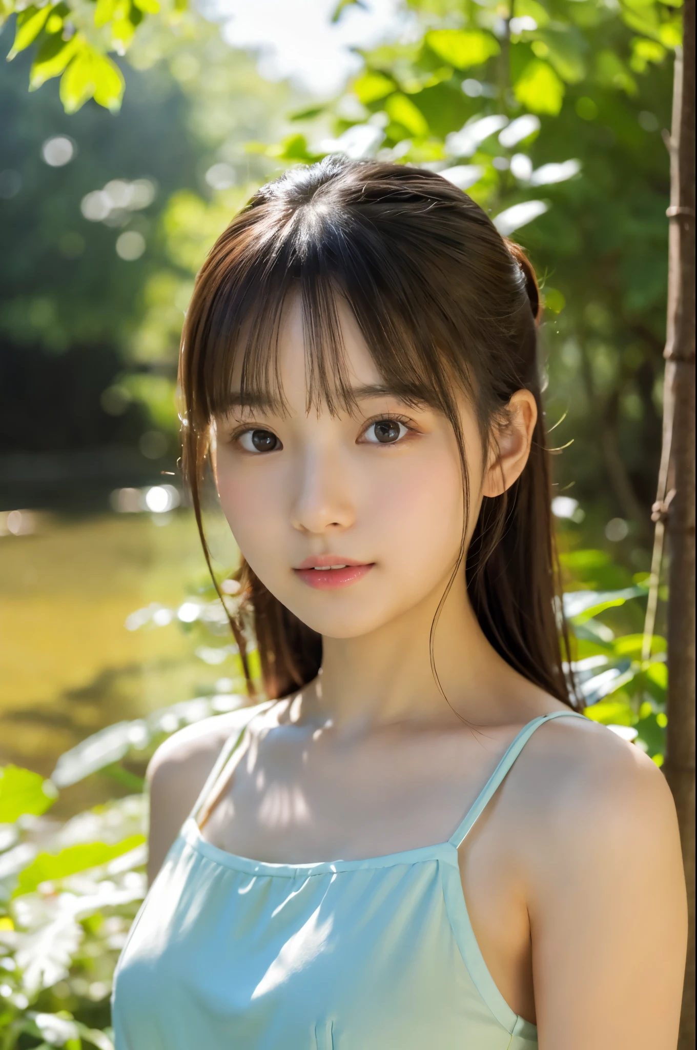 ulzzang -6500-v1.1, (Raw photo:1.2), (Photorealsitic), a beautiful detailed girl, (Real: 1.4), ighly detailedな目と顔, beatiful detailed eyes, A walk in a quiet forest、huge filesize, hight resolution, ighly detailed, top-quality, [​masterpiece:1.6], illustratio, ighly detailed, nffsw, finely detail, top-quality, 8k wallpaper, Cinematographic lighting, selfee、instagram、1girl in, 17 age, perfect body type, cute droopy eyes beautiful big eyes、Pieckfinger, ((masutepiece)), Best Quality, 1girl in, eye shadow, Upper body, Portrait, ((FULL BODYSHOT:1.2))、