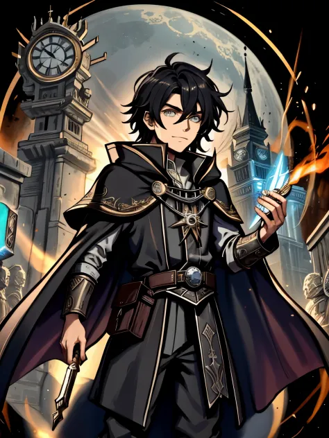 Picture a sorcerer wearing futuristic cloak with ancient clocks artifacts and symbols, appearing as if he've traveled through different time periods,hyperdetailed