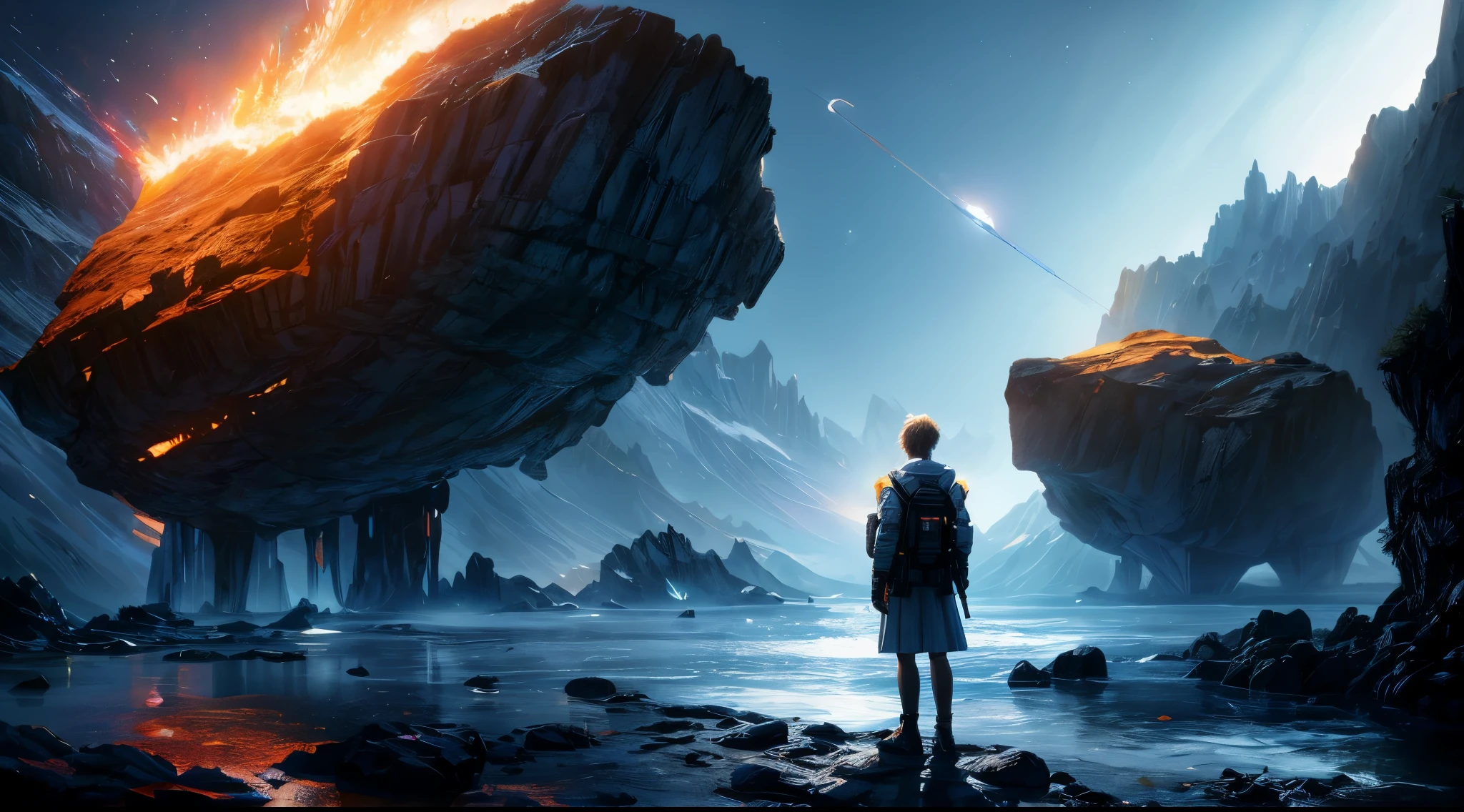 Draw a young female programmer, standing on a research platform floating in the middle of an asteroid belt, turn her back on viewers , from behind,surrounded by several asteroids glowing with fiery auras BREAK Dramatic lighting from distant stars and planets illuminates the scene, casting deep shadows on the suit, looking at the vast and mysterious universe with wonder and respect,BREAK,Detailed,Realistic,4k highly detailed digital art,octane render, bioluminescent, BREAK 8K resolution concept art, realism,by Mappa studios,masterpiece,best quality,official art,illustration,ligne claire,(cool_color),perfect composition,absurdres, fantasy,focused,rule of thirds