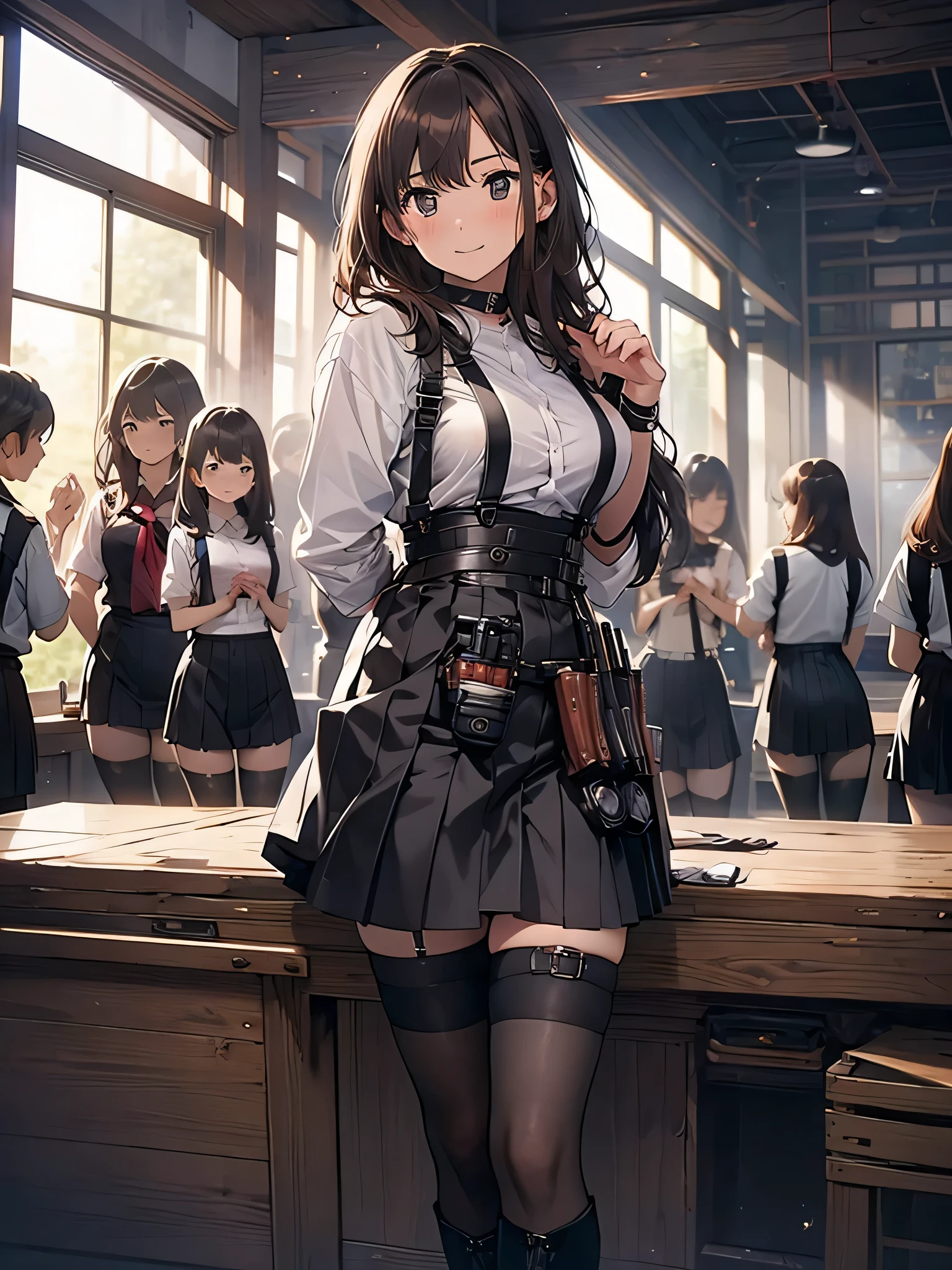 Brown hair、watching at viewers　　　black suspenders　　　bulging big tits　　 　 　　　walls: 　Black miniskirt　garters　　　　　　Gaze　　　a small face　bangss 　　　holster　　　Beautuful Women　　Hands up　　レッグholster ベッドに横たわる　　Gaze 　black boots panty shot　Provocation　flank　flank汗　Soio 　arms are