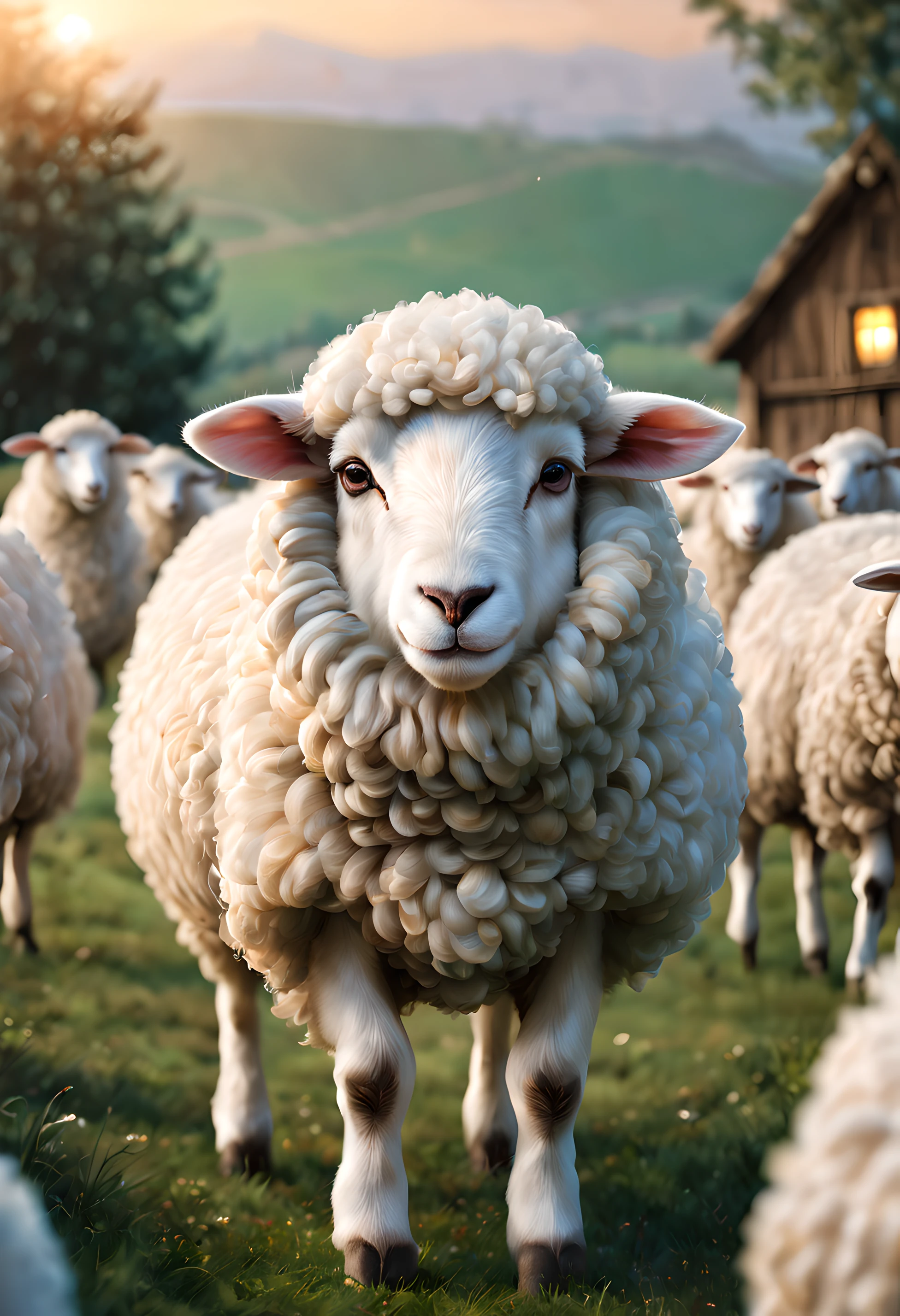 (Best quality,absurdres,masterpeice:1.4), a cute sheep, in soft pastel colors, glitter, light bokeh, dynamic angle, natural soft lighting, 8k resolution, illustration, farm background