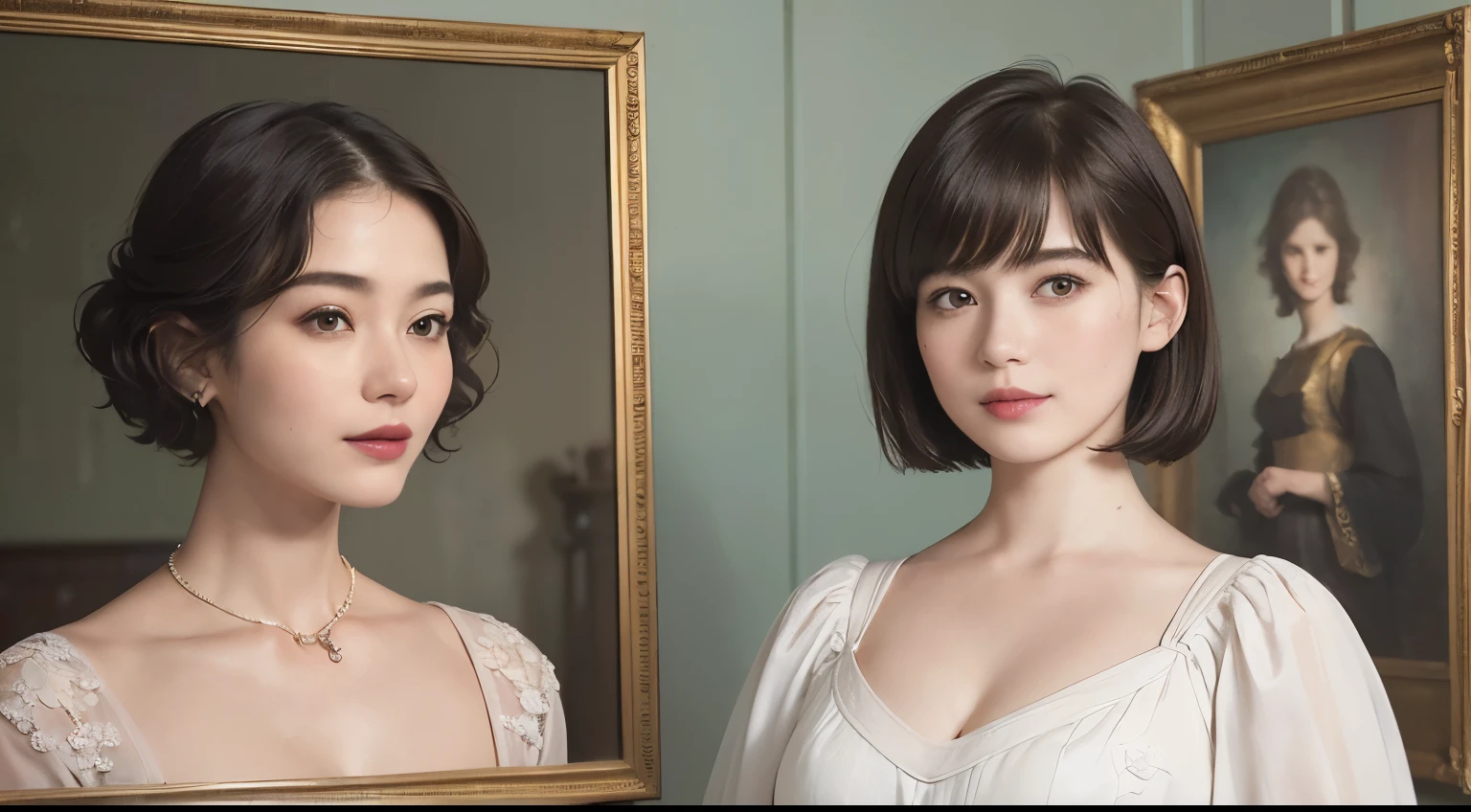 139
(a 20 yo woman,Draw a self-portrait), (A hyper-realistic), (high-level image quality), ((beautiful hairstyle 46)), ((short-hair:1.46)), (Gentle smile), (breasted:1.46), (lipsticks), (an oil paintingを描いている), (murky,wide,a room), (florals), (an oil painting、Rembrandt)