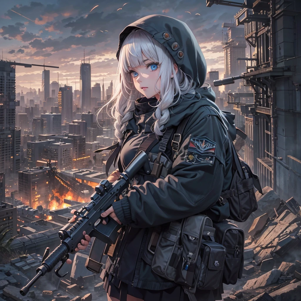 masterpiece, best quality, highres, 1girl, ((braids)), (blunt bangs), white hair, blue eyes, ultra detailed face, perfect proportion, military black hood jacket, foodie, ((hood up)), pleated mini skirt, long thigh-high socks, military boots, apocalyptic world, ruined city, rubble, destroyed city, wilderness, high ground, dynamic angle and pose, wind, moody lights, sunset, holding weapon, holding rifle, aiming at viewer, gun, detailed Barrett M82A1 , sniper rifle,