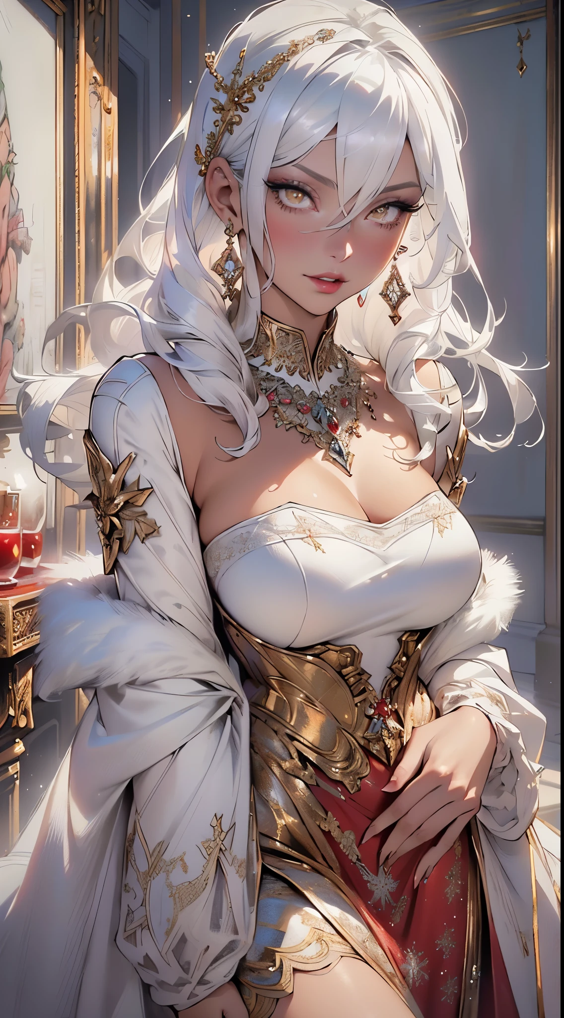 woman,1female,((milf,mom,mature,mature woman,45 years old female,adult)),(large breasts:1.5),saggy breasts,(((white hair:1.4,straight hair,long hair:1.4,colored inner hair))),((yellow_eyes:1.3)),intricate eyes,beautiful detailed eyes,symmetrical eyes,((((dark skin:1.4,lustrous skin:1.5,bright skin: 1.5,skin tanned,shiny skin,very shiny skin,shiny body,illuminated skin)))),(spider lower abdomen,narrow waist,wide hip,bimbo body,inflated legs,thick thighs,delicate detailed fingers),(((detailed face))),

cute,slutty,sensual,seductive look,seductive,((erotic)),opulent,sumptuous,longingly,((nsfw)),

queen,goddess,fantasy,(beautiful winter silver clothes,silver silk),((strapless red dress,very long red skirt,red dress)),(silver clothes),(((ice jewelry,intricate necklace,christmas jewelry,detailed outfit))),cleavage,silver silk,((eyeshadow,elegant makeup,eyelid makeup,gold lips,gold lipstick)),((Transparent cloth:1.1)), (((Sexy white fur coat, white fur coat outfit, wearing a white fur coat:1.3,winter white coat))),red gloves,(((intricate outfit,intricate clothes,embroidered outfit,ornate outfit,embroidered clothes,ornate clothes))),

(dynamic pose:1.0),embarrassed,(centered,scale to fit dimensions,Rule of thirds),

inside,indoor,((cozy gothic room)),scenery:1.25,((intricate scenery)),((winter decorations)),Christmas tree,

(Glossy winter ornaments),highres,sharp focus,(ultra detailed,extremely detailed),(photorealistic artwork:1.37),(extremely detailed CG unity 8k wallpaper),(((vibrant colors,vibrant theme))),(intricate),(masterpiece),(best quality),