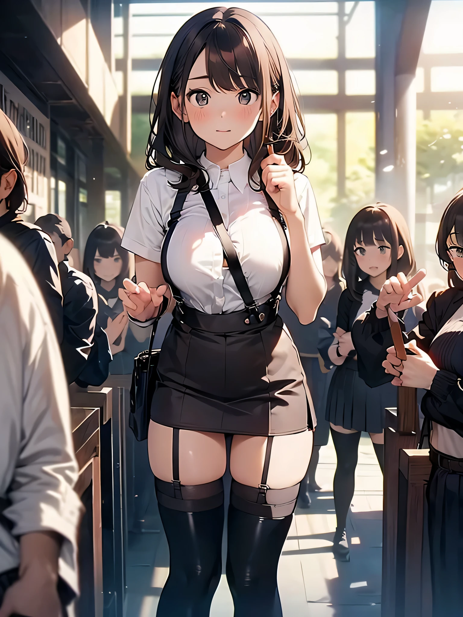 Anime girl in uniform standing in a crowded area with other people - SeaArt  AI