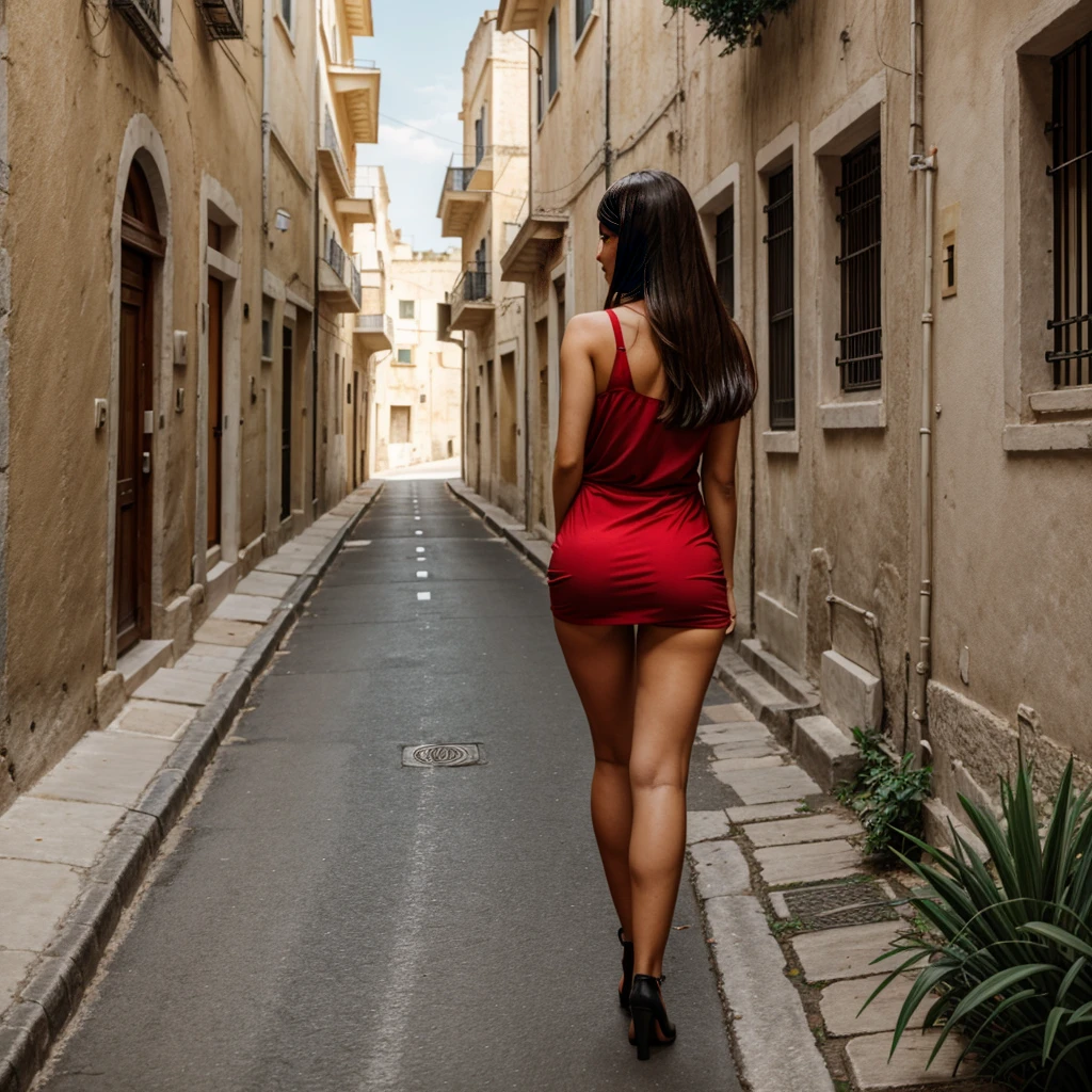 flat-camera, woman in red dress and white panties walking down the street in Matera, buttocks, legs apart, camel toe