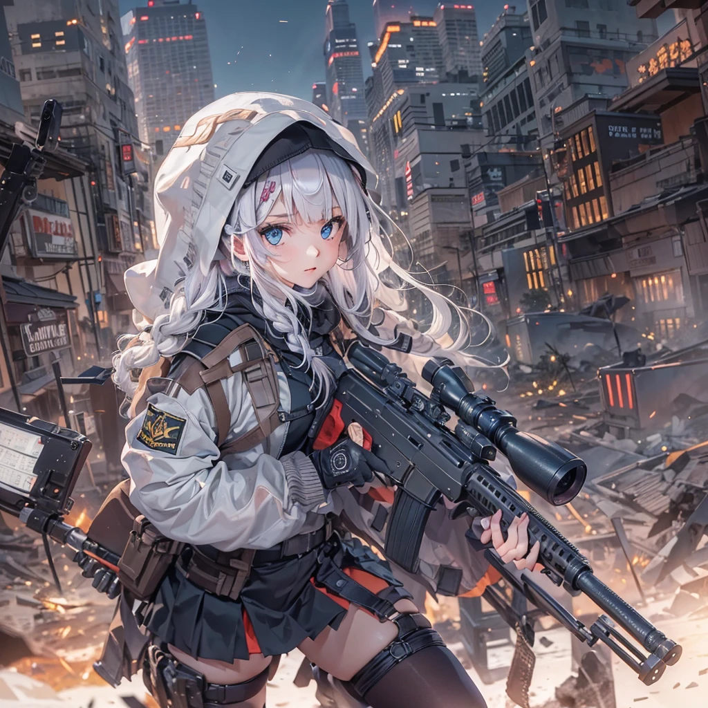 masterpiece, best quality, highres, 1girl, ((braids)), (blunt bangs), white hair, blue eyes, ultra detailed face, perfect proportion, military black hood jacket, hood jacket, foodie, ((hood up)), pleated mini skirt, long thigh-high socks, military boots, apocalyptic world, ruined city, rubble, destroyed city, wilderness, high ground, dynamic angle and pose, wind, moody lights, sunset, holding weapon, holding rifle, aiming at viewer, gun, detailed Barrett M82A1 , sniper rifle, correct anatomy 5fingers,