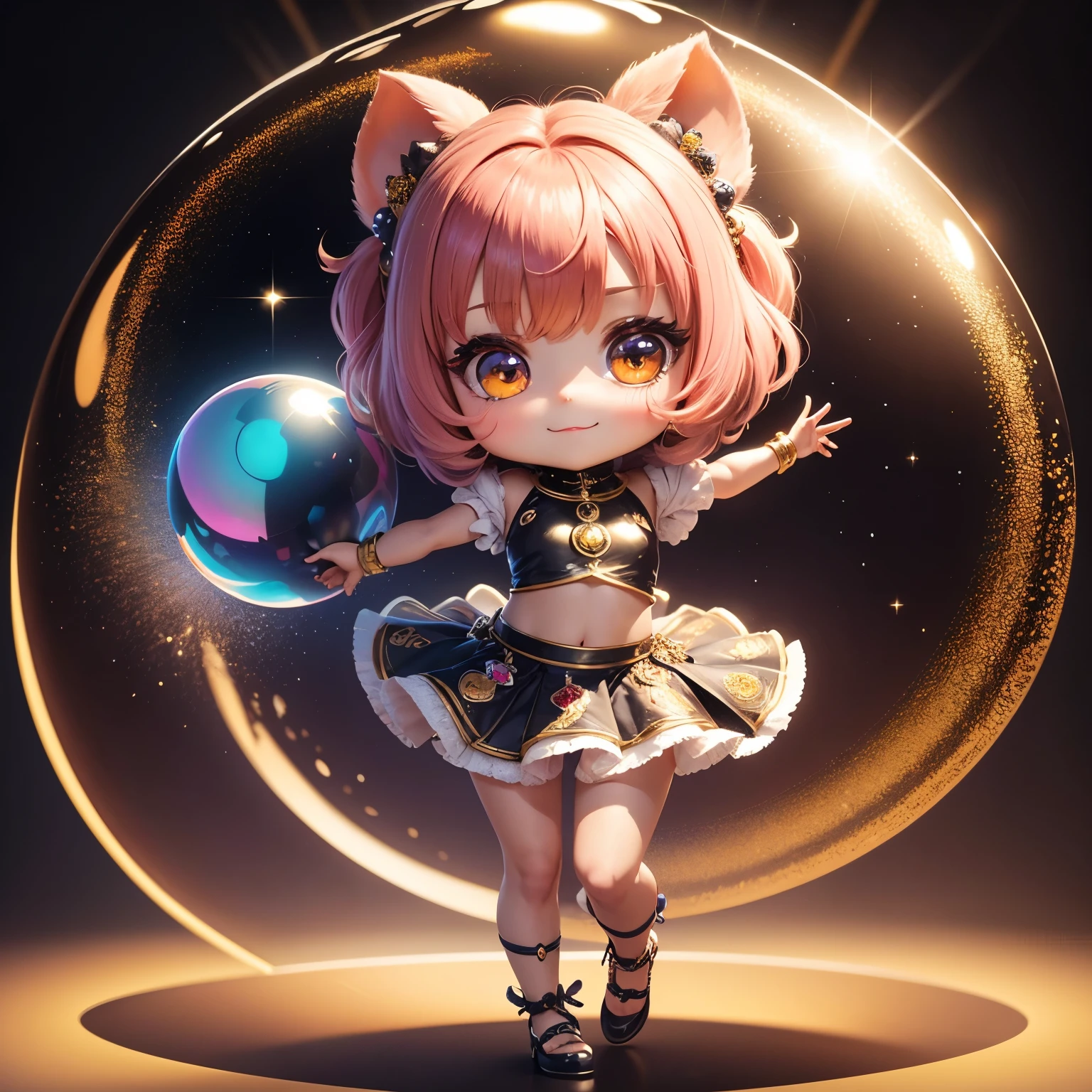 ​masterpiece、top-quality、ultra-detailliert、(Chibi Chara's Daughter:1.3),Belly dance,rainbow costume,The background is a simple gold background,(mirror ball:1.2),The glitter shines,a smile,Full-body standing figure.dancing dancing,Sparkling sparkling