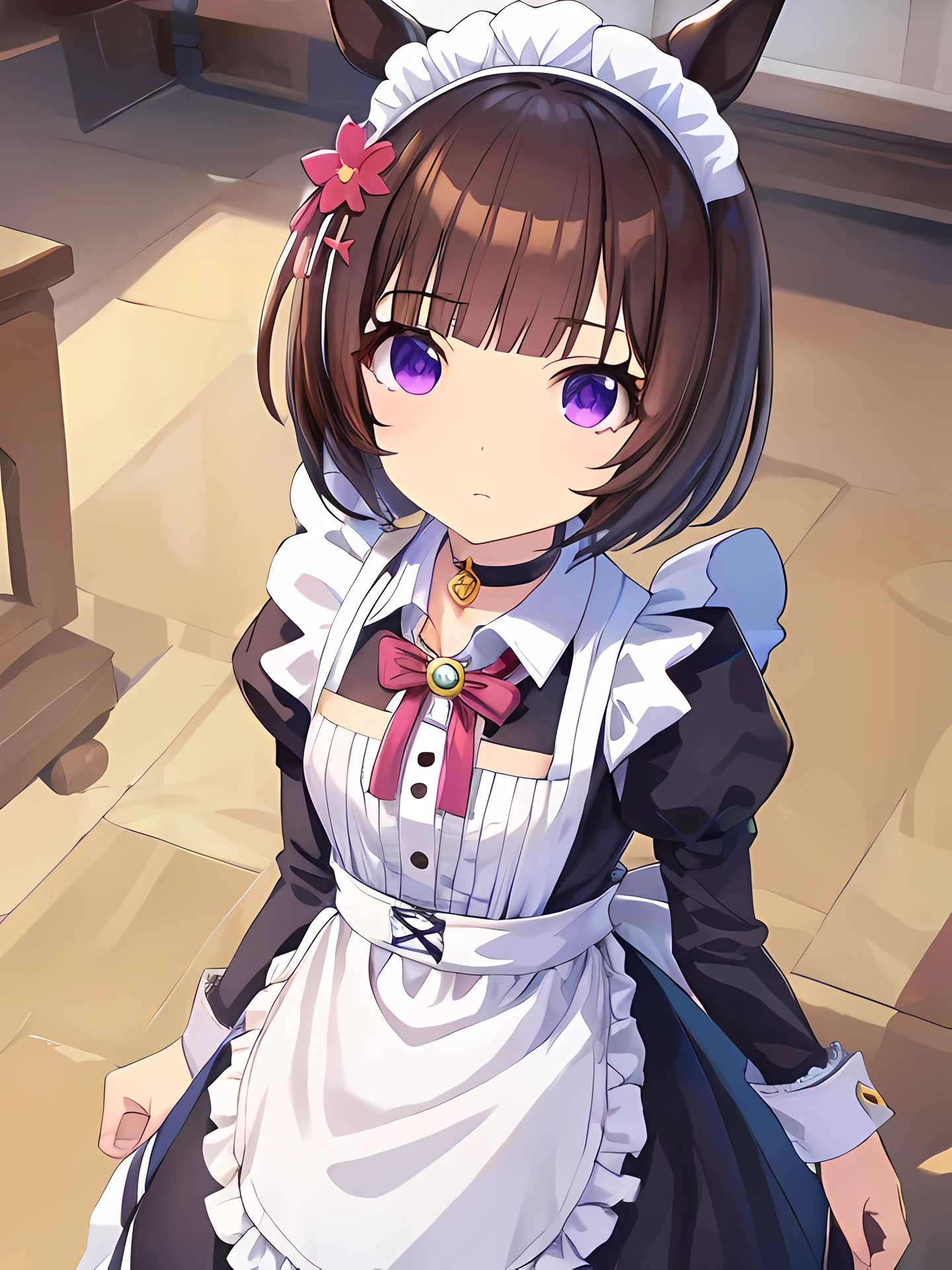 (flor de nishino\(Umamusume\)), vestido de mucama, modelo 3d, cortes bob, Cubreorejas, adorno para el pelo, Gargantilla metálica,