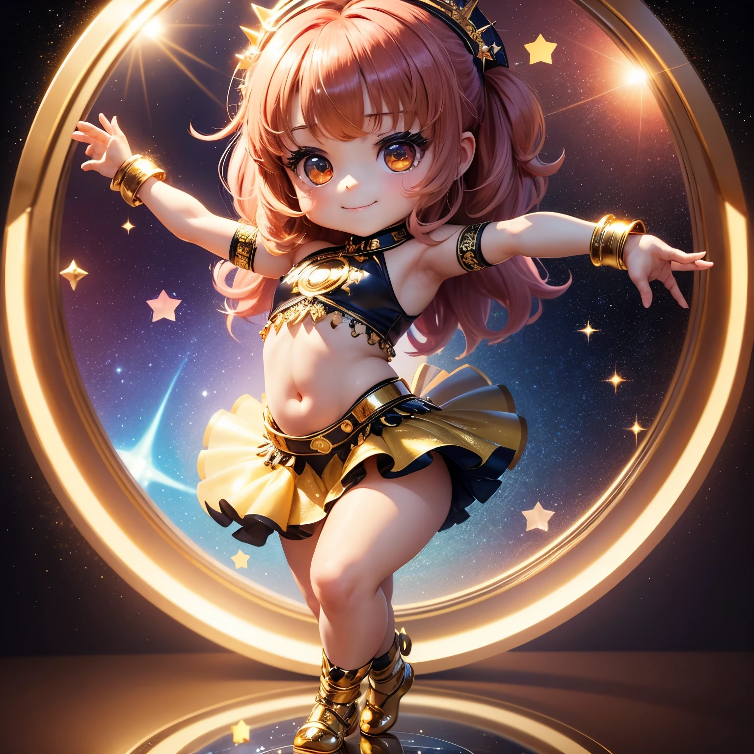 obra-prima、qualidade máxima、ultra-detalhado、(Filha de Chibi Chara:1.32),dança do ventre,fantasia de arco-íris,O fundo é um fundo dourado simples,(espelho bola:1.2),Estrelas brilham,Um sorriso,Figura em pé de corpo inteiro.dançando dançando,Inúmeras estrelas brilhantes