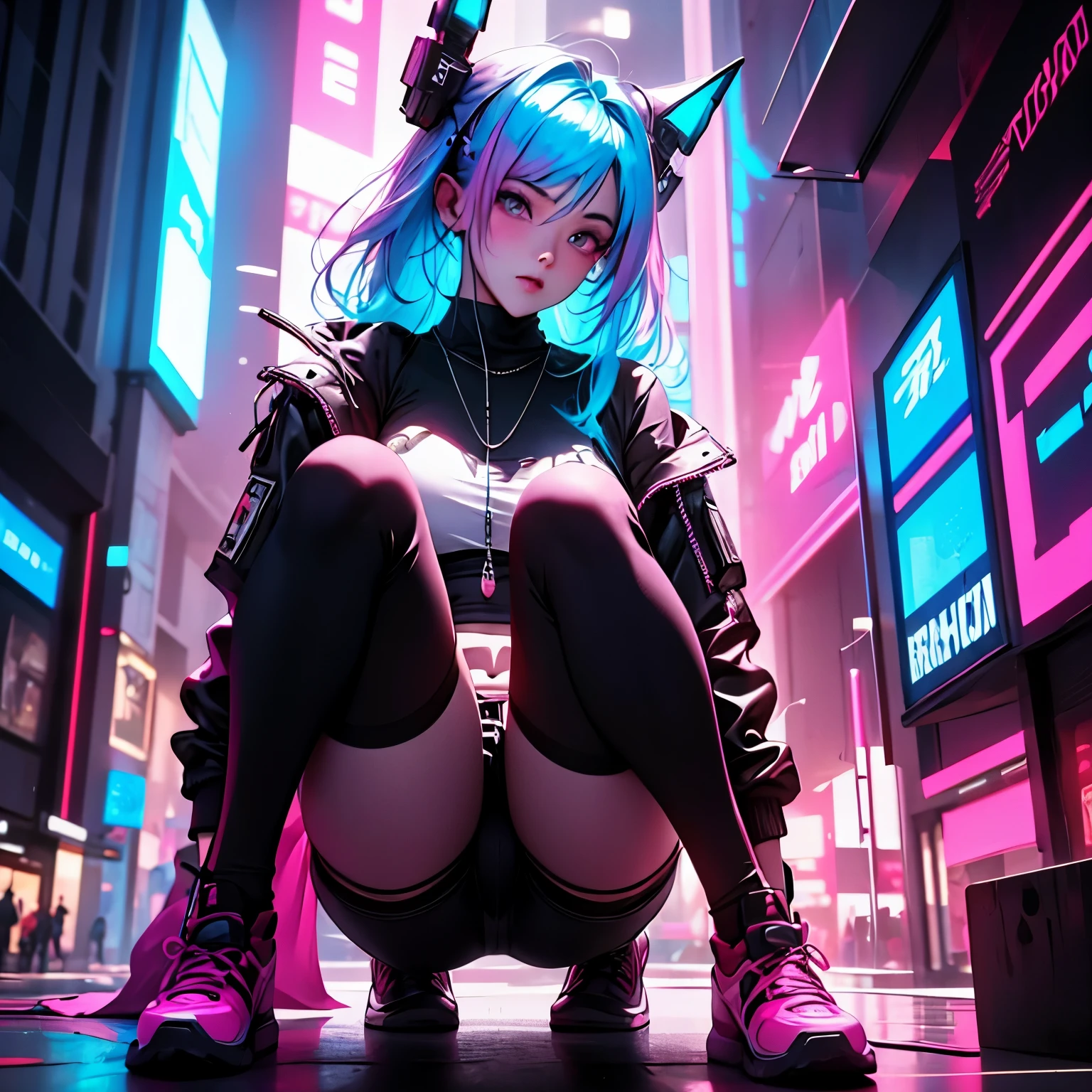 a woman with blue hair and pink panties sitting on the floor, oppai cyberpunk, brilho cyberpunk brilhante, Cyberpunk 2 0 e. o modelo menina, retrato da menina de glowwave,  cyberpunk sonhadora, luz neon e fantasia, Digital Cyberpunk - Arte de Anime, em cyberpunk city, pele neon brilhante, cyberpunk vibes, Anime estilo 3D, estilo cyberpunk hiper-realista, topless