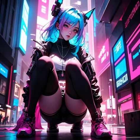 a woman with blue hair and pink panties sitting on the floor, oppai cyberpunk, brilho cyberpunk brilhante, Cyberpunk 2 0 e. o mo...