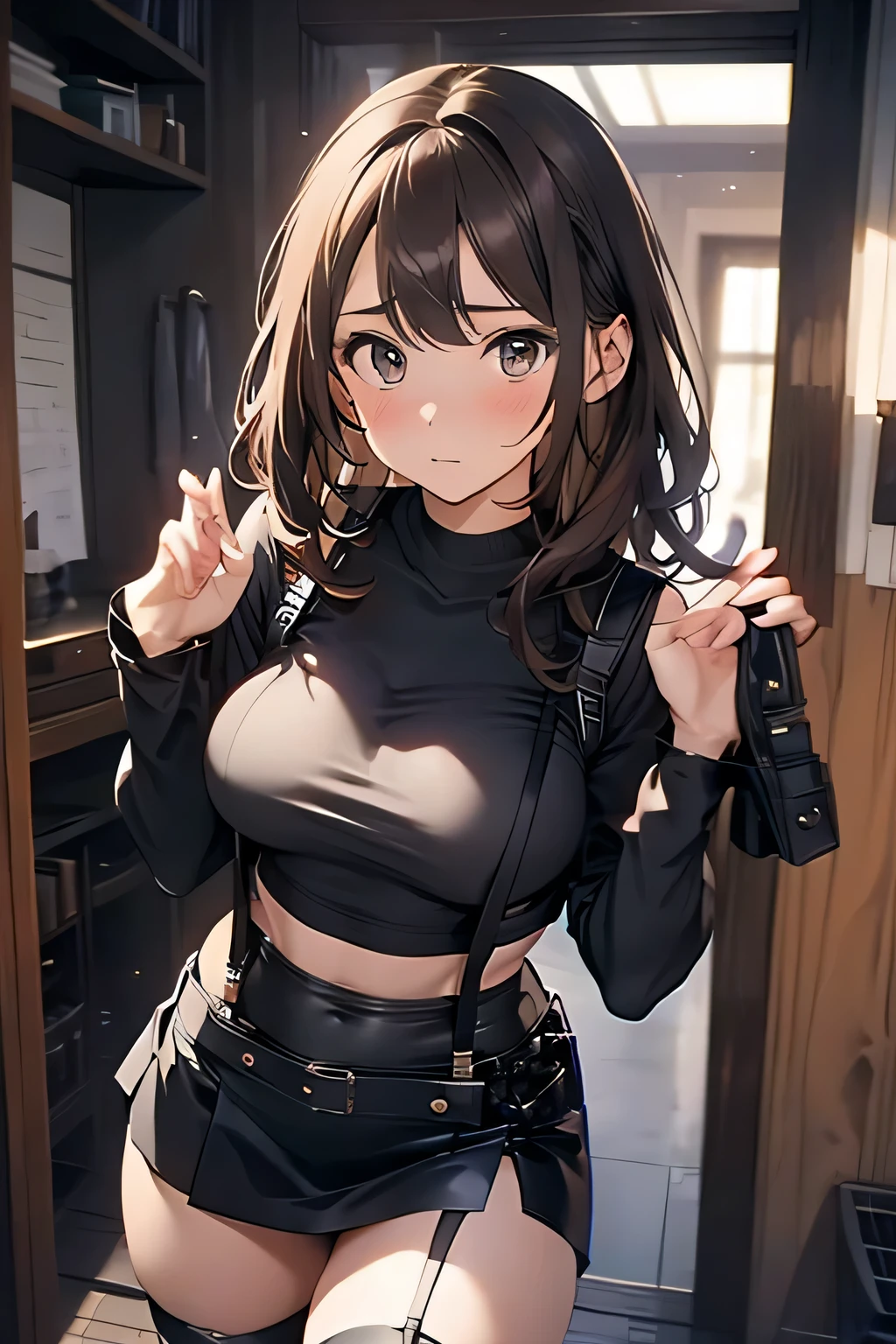 Brown hair、watching at viewers　　　black suspenders　　　bulging big tits　　 　 　　　walls: 　Black miniskirt　garters　　　　　　Gaze　　　a small face　bangss 　　　holster　　　Beautuful Women　　Hands up　　レッグholster ベッドに横たわる　　Gaze 　black boots panty shot　Provocation　flank　flank汗　Soio 　arms are