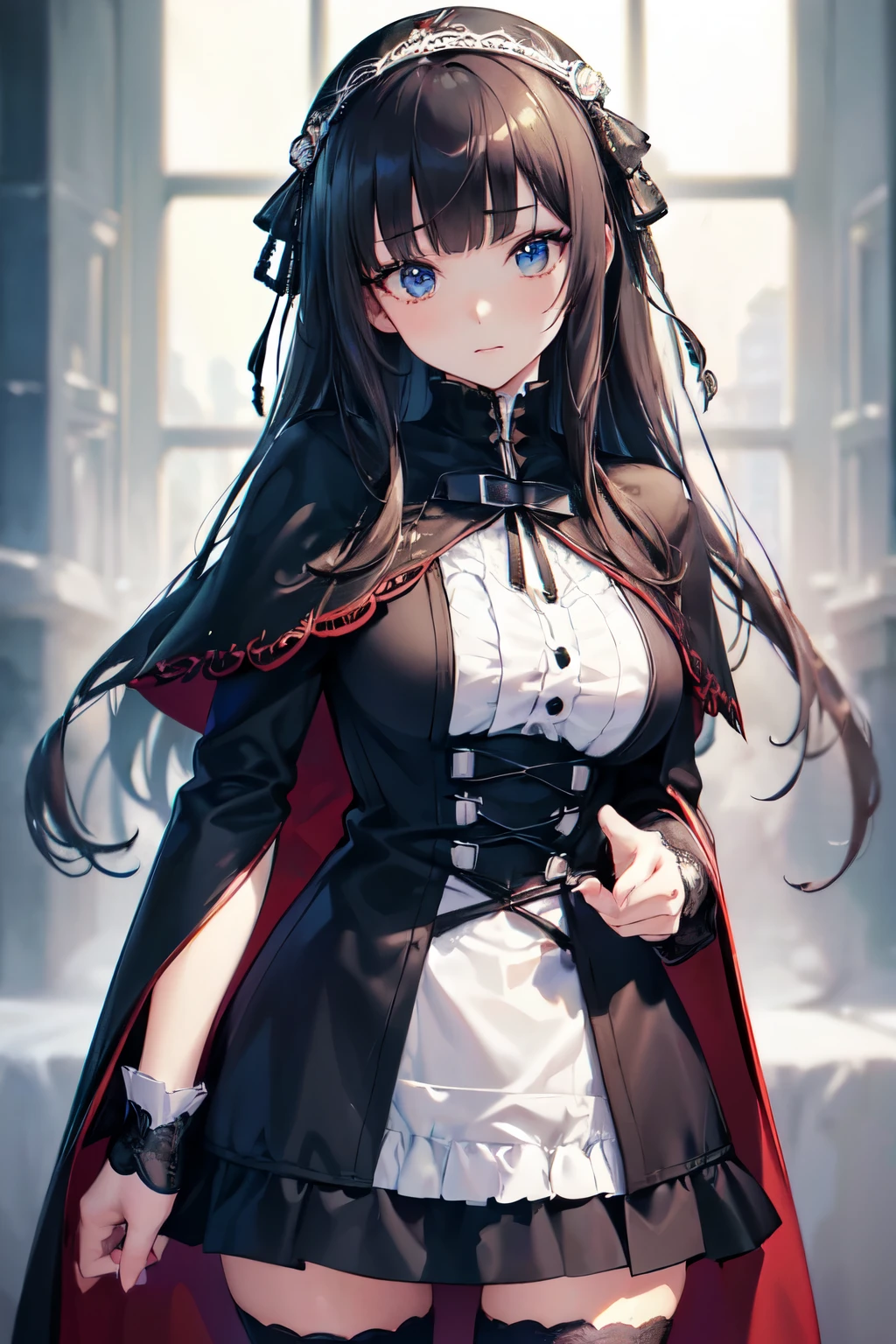 ((masutepiece, Best Quality, hight resolution, nffsw, Perfect Pixel, depth of fields, 4K, nffsw, nffsw))), 1 15-year-old female, gravure model、Beautiful Art Style,((deep detailed eyes, Beautiful eyelashes, Realistic eyes)), ((ultra-detailed face,)),Long、straight haired、Jet black hair,blunt bangs((Smooth texture, Realistic texture, Photorealistic)), Perfect body,gothic lolita,leaver lace,cavalier cuffs,coat with cape,(zettai ryouiki:1.3),great joy,独奏、Gothic Art Gallery