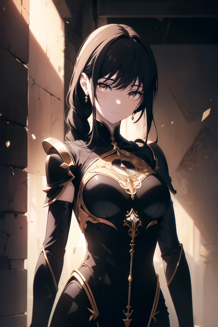 ((((Obra maestra, La mejor calidad, ultrahigh resolution)))), 1girl, standing, (shiny armor, clad in steel plate armor, clad in knight armor), ((black hair, dark black hair over eye)), long hair cut, pale skin, ((brown eyes)), glowing_eyes, neon eyes, (ultra detailed eyes:0.7, beautiful and detailed face, detailed eyes:0.9), ((centered)), smile, ((wide shot)), facing viewer, ((vibrant background, bright lighting, summer, sunlight)), flat chested, looking at viewer, ((half closed eyes)), ((perfect hands)), (((head:1, arms, hips in view, elbows, arms, in view))), ((hands behind back)), empty eyes, beautiful lighting, ((outside, outdoors)), defined subject, 25 years old, head tilt, ((cool looking))