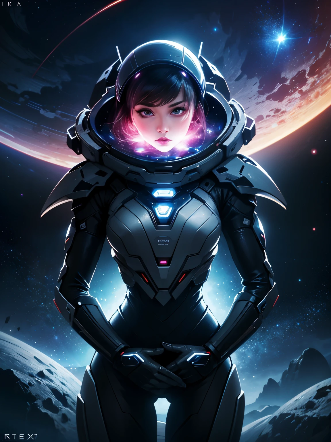 nijistyle,rfktr_technotrex,woman exploring planets, alien worlds, exotic locations, deep space,unkown terrors, galactic, nebulas,stars,fcPortrait