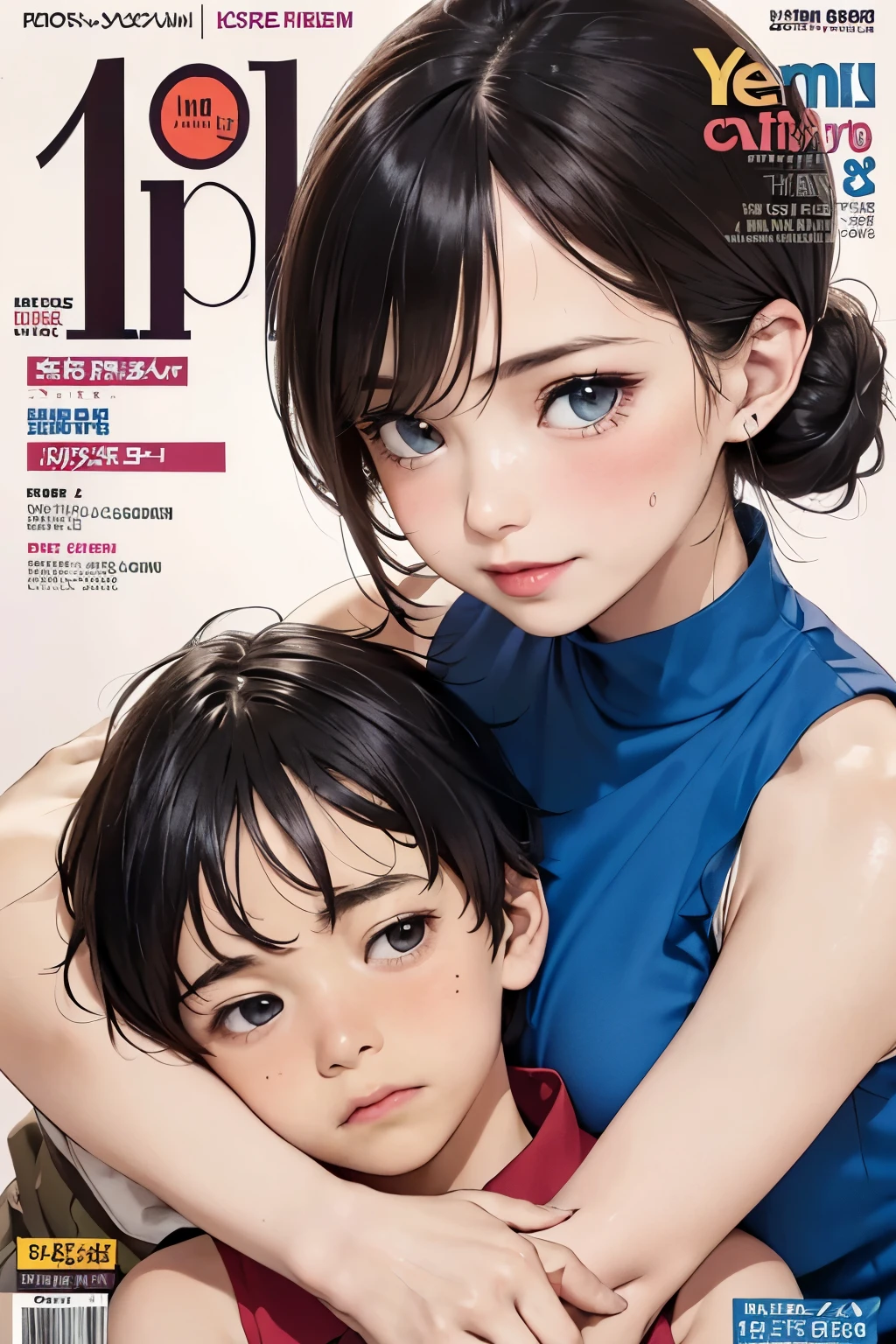 (colorful  Magazine cover with lots of text)，(close-up:1.2)，pajamas， 1girl，Grasp by hand，(mother and son:1.5)，(kiss:1.1)，(A ten-year-old boy:1.4)，(hug breats)，(1boys:1.6)，{26-year-old lactating woman},drunken eyes,front Chest,open at the chest,disproportionate breasts, Nipples standing up,sweat,((Sleeveless, low-necked , open neckline:1.3)),{hairbuns，Women's hairstyle}, (areola:1.4)，Ultra-fine face, detailed eye, Double-fold eyelids，ssmile，pervert, step mother