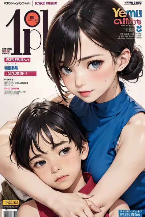 (colorful  Magazine cover with lots of text)，(close-up:1.2)，pajamas， 1girl，Grasp by hand，(mother and son:1.5)，(kiss:1.1)，(A ten-...