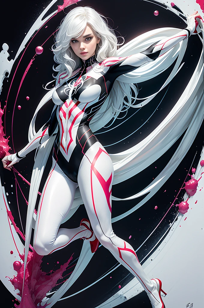 spider gwen, Hot, partial , hightquality, Dynamic Poses, Beautiful, Gorgeous, In love, White hair, Short suit, spider in a suit, white black red suit、Daniel Panabaker