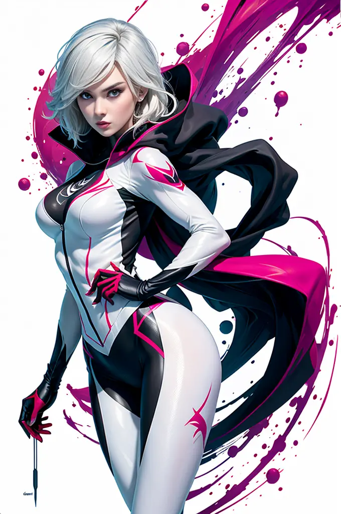 spider gwen, hot, partial , hightquality, dynamic poses, beautiful, gorgeous, in love,short suit, spider in a suit, white black ...