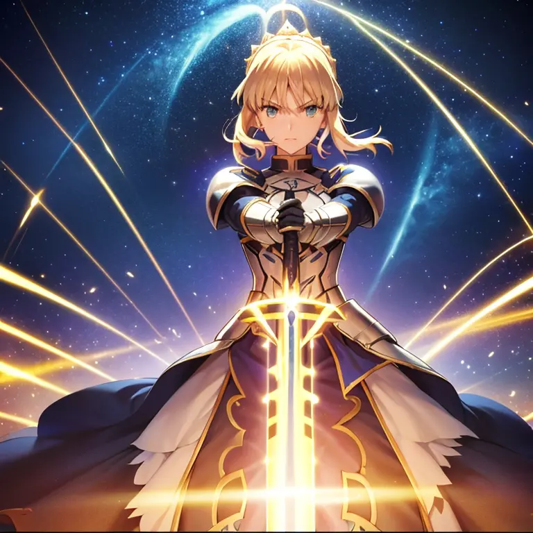 artoria pendragon brown hair holding excalibur sword, excalibur sword attack fate/zero lightning attack, surrounded by lightning...