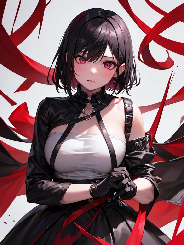 singer , song, ado , girl , white short hair , black eyes , roses, red colour shades , arrogance, anger, indifference, madness , yandere ,sharp facial features, path to nowhere (game) , black gloves