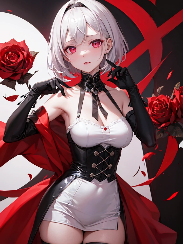 singer , song, ado , girl , white short hair , black eyes , roses, red colour shades , arrogance, anger, indifference, madness , yandere ,sharp facial features, path to nowhere (game) , black gloves