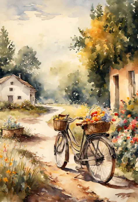 at summer afternoon, There are bicycles outside the farmhouse(Describe the bike in detail.closeup cleavage .focal point)Carrying...