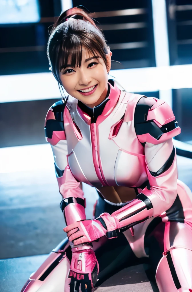 (ultra best quality、8K、masuter piece、delicate illustration、full body Esbian)、Futuristic pink and white shiny hero suit 、（Very plump body 1.1、Super Big 1.1）、smiling at the viewer、Ponytail with black hair（With cage）、ancient battlefields of japan、sexypose