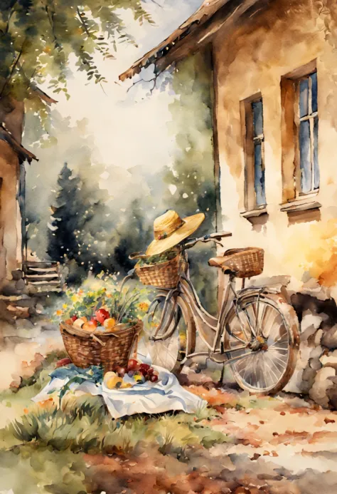 at summer afternoon, There are bicycles outside the farmhouse(Describe the bike in detail.closeup cleavage .focal)Carrying a pic...