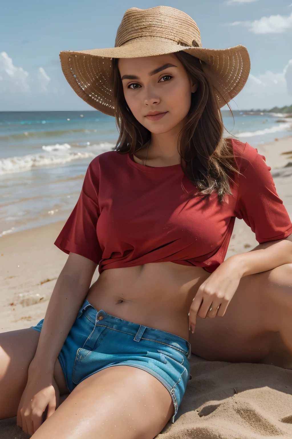 Una mujer sentada en la playa con un sombrero y una camisa roja - SeaArt AI