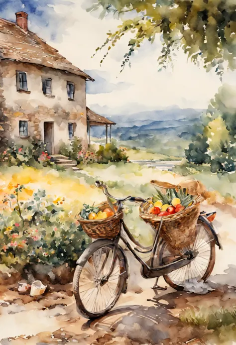 at summer afternoon, There are bicycles outside the farmhouse(Describe the bike in detail.closeup cleavage .focal)Carrying a pic...