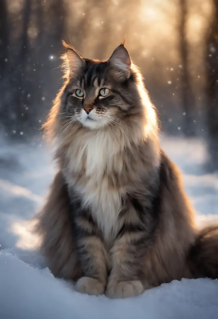 Painting with a cat, sitting on a stone in the snow, butterfly in the sky, butterflies fly into the sky, cat looks at butterflies, a starry sky, inspired Mark Keatley, Anthropomorphic large Maine, Brian Thomas, by Cynthia Sheppard, Beautiful picture of hig...