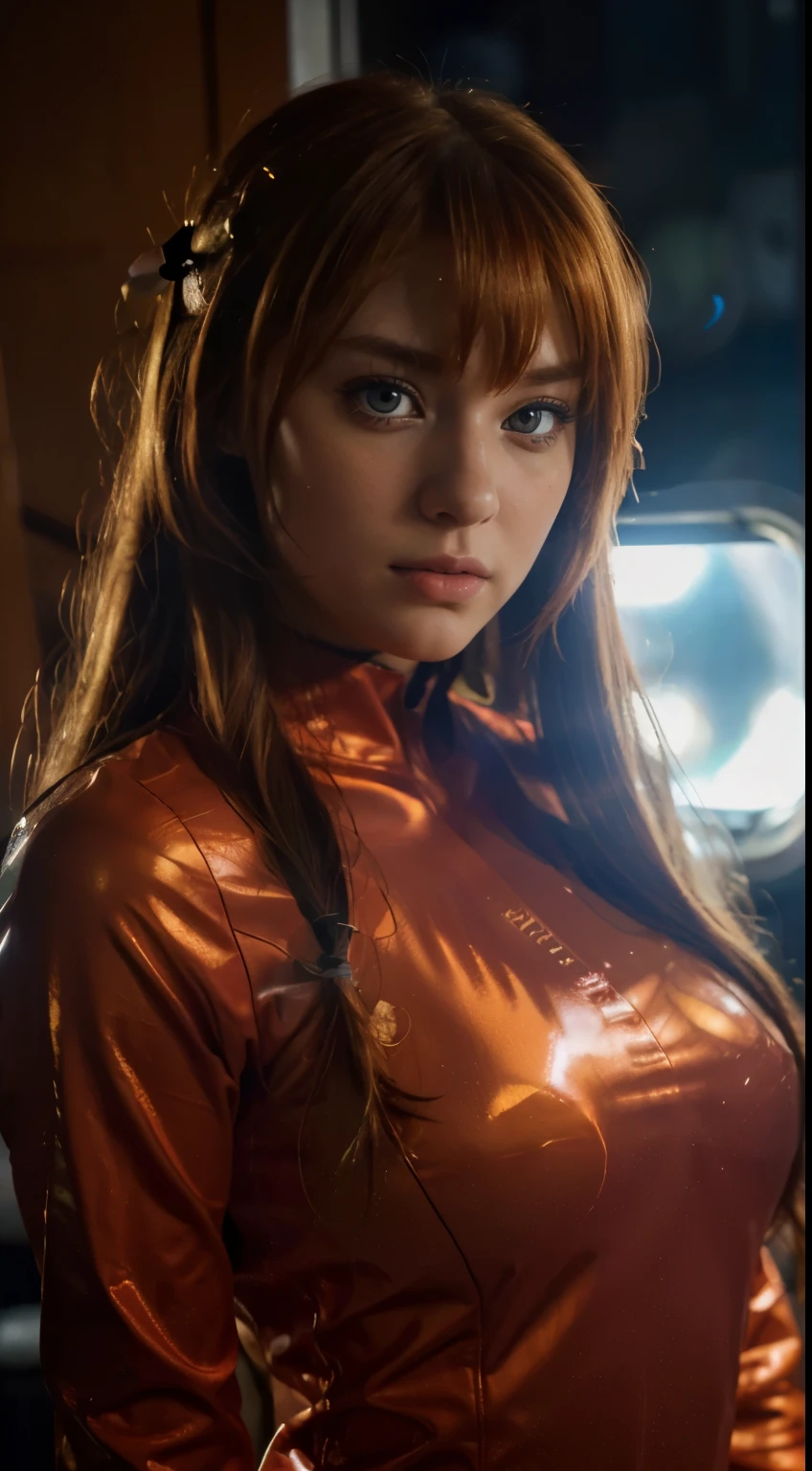 Asuka Langley Soryu, Beautiful Mixed German Babe small chin, Combining realism with anime beauty, Auburn Long Ginger Hair with twintails ribbon, slim body, beautiful detailed eyes, beautiful detailed lips, plain face, intense angry gaze, (dynamic pose) longeyelashes, [anime], [HDR], (best quality,4k,8k,highres,masterpiece:1.2), [front view:1.5], ultra-detailed, (realistic,photorealistic,photo-realistic:1.37), plugsuit, [studio lighting], [bokeh], (luminous lighting:1.1), inside an airplane