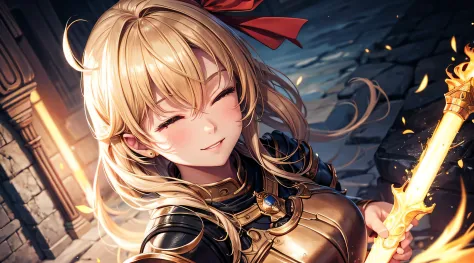 masutepiece,Best Quality,ultra-detailliert,(1 female knight),Fire Sword,Face Close-up,Blonde hair,(Straight hair),look at viewr,(Full lips:-0.5),Dark Souls,castle,bow ribbon,(Smile:0.8),Closed eyes,Sunny weather