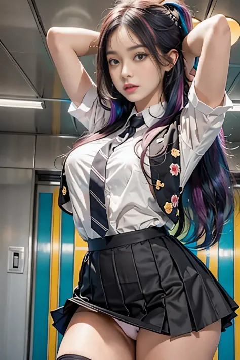 Photorealistic, High resolution, Soft light,1womanl, Solo, hips up high, (Detailed face),The tattoo, Jewelry, Current School Classrooms，On the podium，Wear a uniform、（Black flared skirt），Bigchest，low chest, Long hair、((poneyTail))、((lift up skirt)）、（(mix４)）...