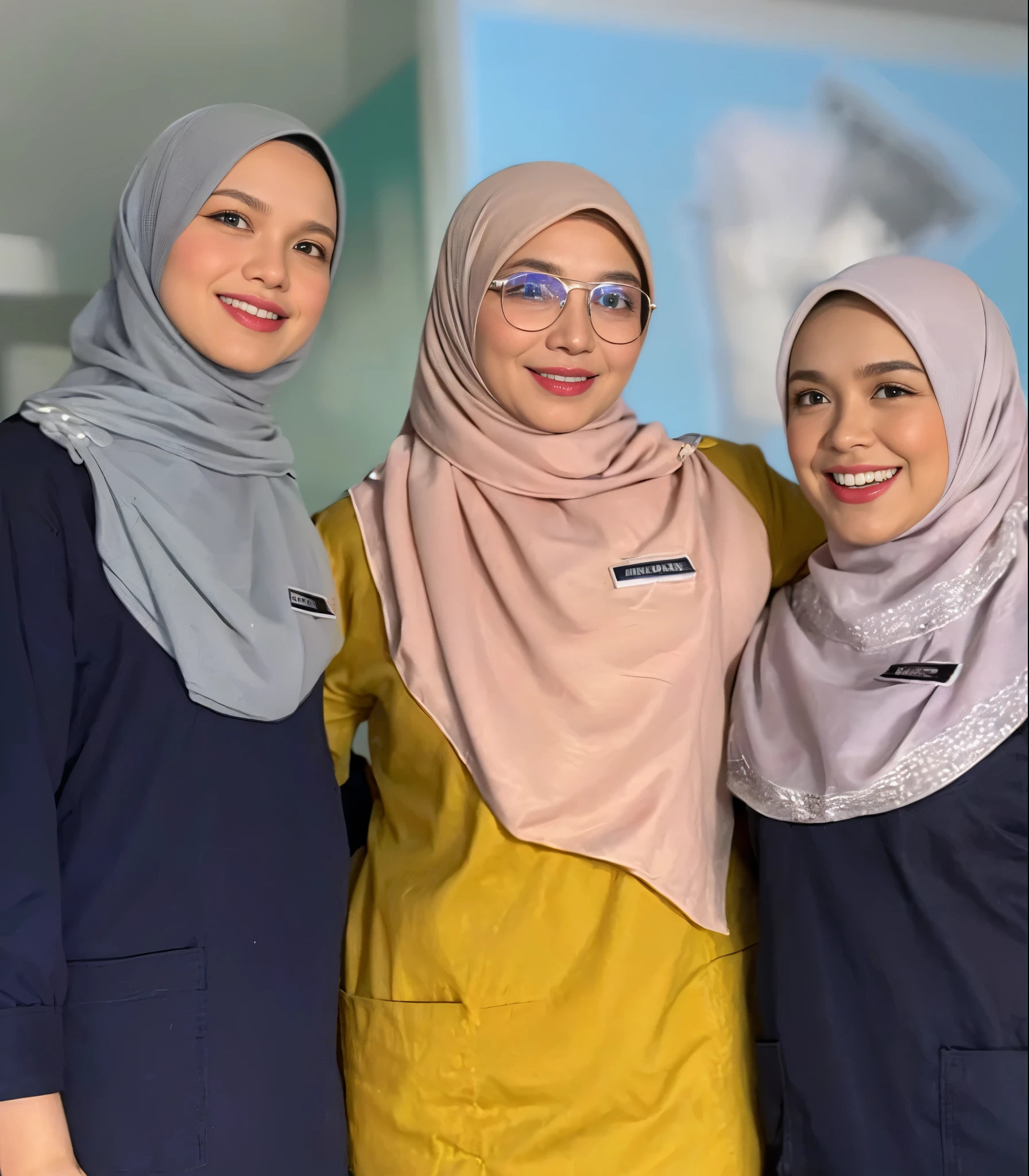 Three women in hijabs are posing for a picture - SeaArt AI