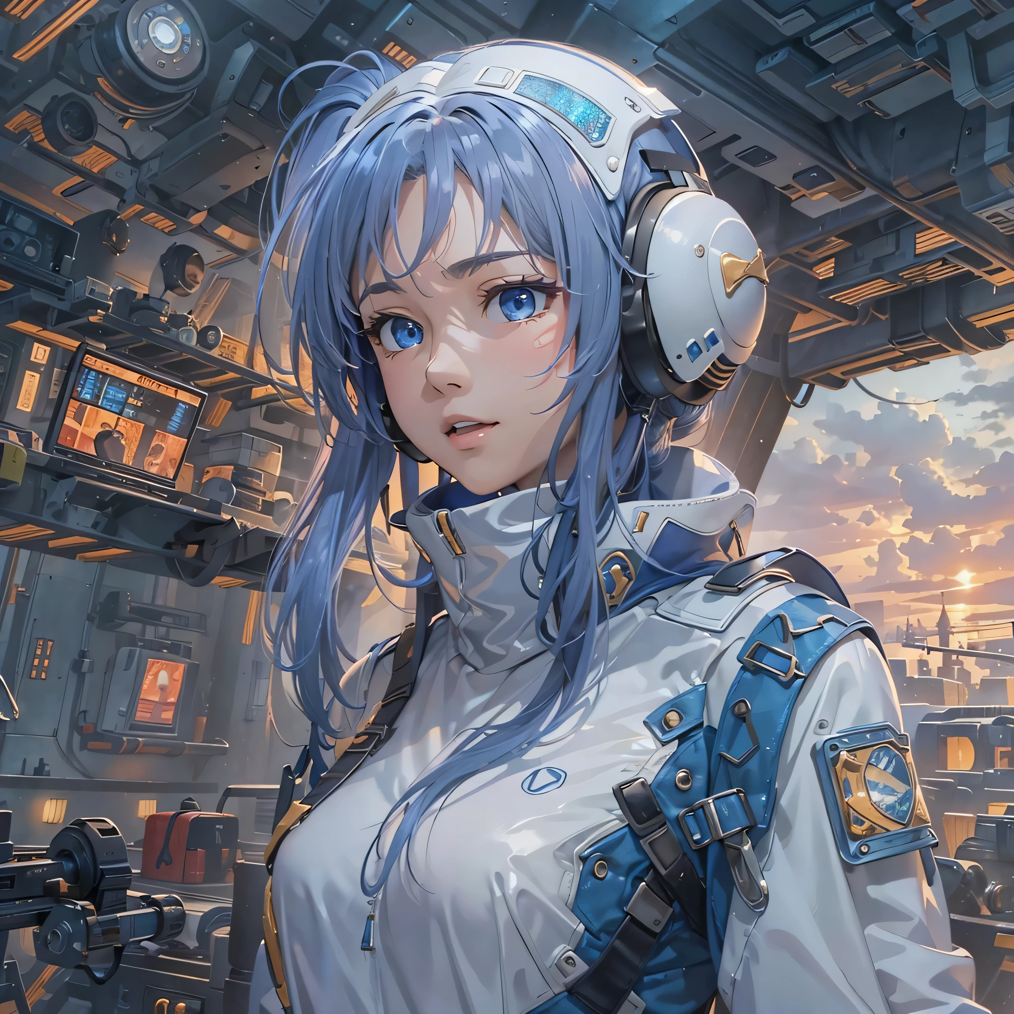 Anime girl with headphones and a futuristic suit in a futuristic 