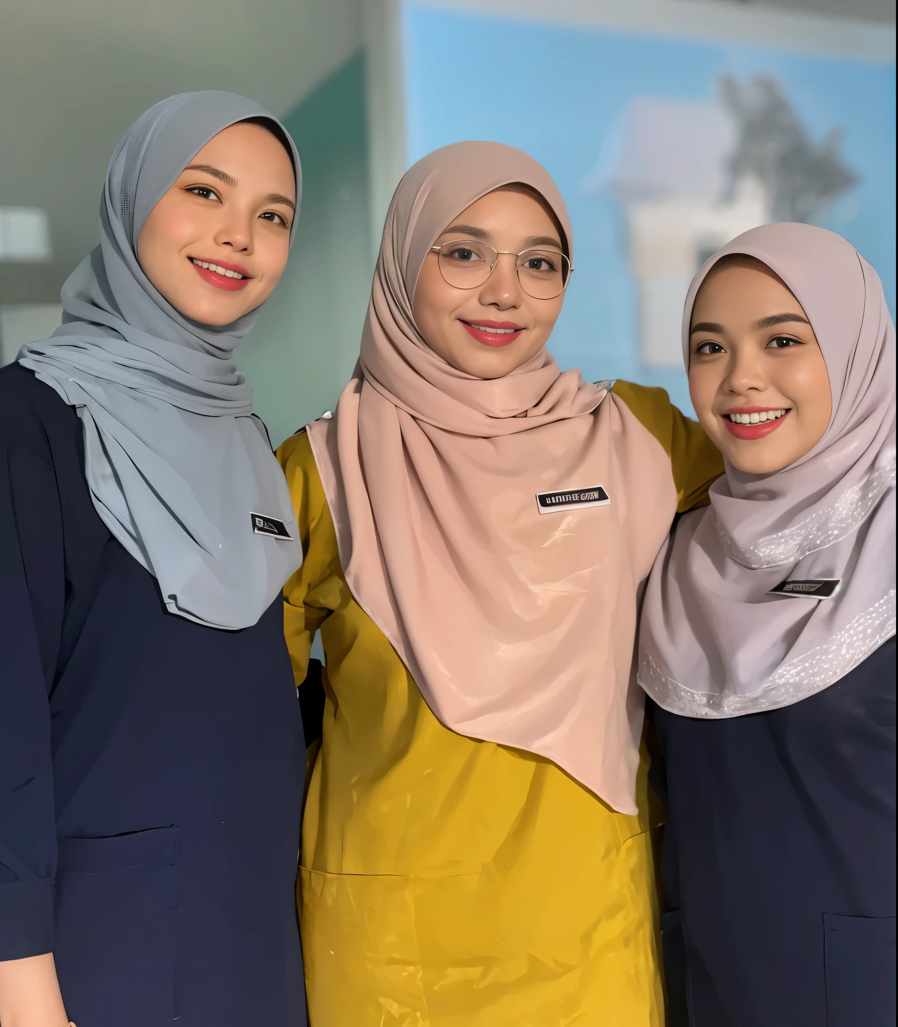 Three women in hijabs are posing for a picture - SeaArt AI