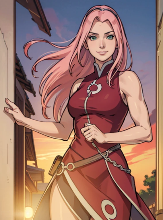 (best quality, ultra-detailed, best illustration, best shadow, masterpiece, high res, professional artwork, famous artwork), (1girl, solo),mature female, haruno sakura, long hair, pink hair, green eyes, , muscular, large breasts, tall, outside, bright sky, smile, high-waist skirt, biceps, small town, sleeveless, virgin killer outfit, realistic face and body