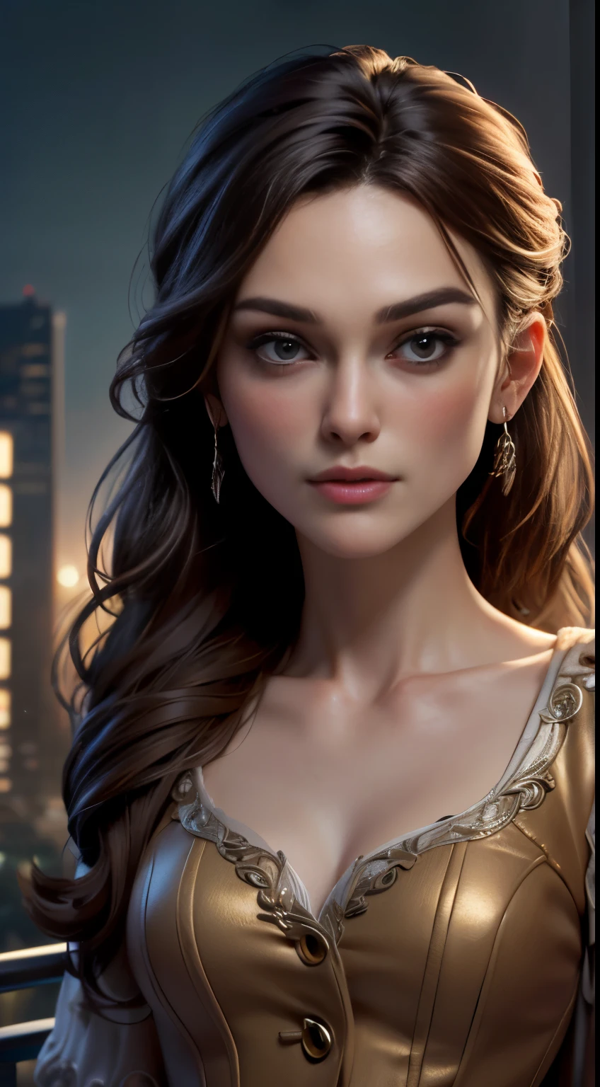 photo of Keira Knightley, RAW, beautiful woman, ((portrait)), ((detailed face:1.2)), ((detailed facial feature, detailed skin, clear skin), (perfect proportioned body, medium breasts), (wearing a pirate dress) (high detailed city environment, apartment balcony), (realistic photo, best quality, detailed), (8k wallpaper), (cinematic lighting, dramatic lighting) (sharp focus, intricate)
