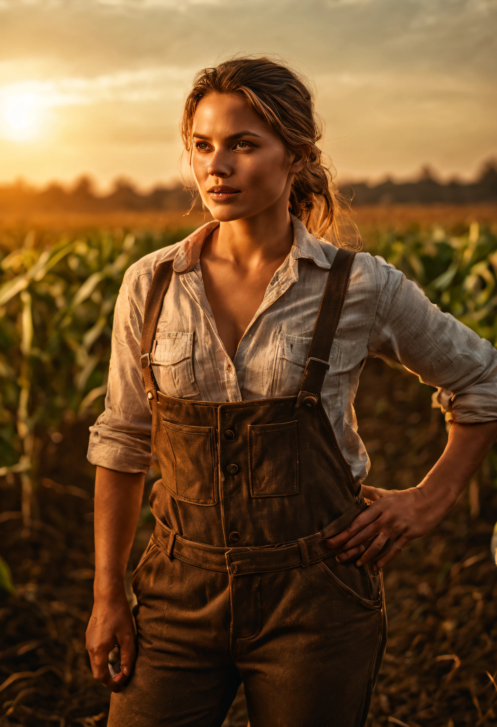 Na luz dourada do campo, uma bela e sexy agricultora cuida de seus campos com senso de propósito e determinação, pele detalhada, olhos perfeitos, mancha na pele, seu decote profundo e corpo suado estão brilhando, A sua ligação com a terra é evidente à medida que ela cuida das colheitas com cuidado e perícia., incorporando o espírito atemporal da gestão agrícola., pele texturizada, anatomicamente correto, Obra de arte, alta resolução, melhor qualidade, 16K