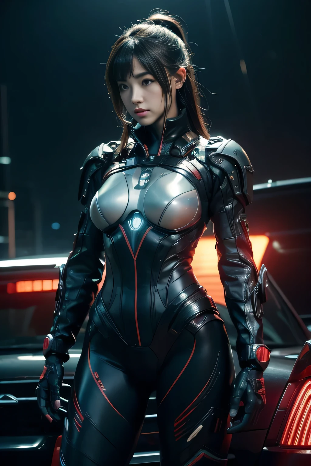 Armored type, stealth, character  design, The content is very detailed, Complicated details,cyber punk personage, Female shape，tightsuit，Full body lesbian，(dynamicposes:1.0),Just focus,(are in the center,Scale to fit the dimensions,the rule of thirds), Cyber punk personage city at night by the sea, There are bright neon lights and dark storm clouds and puddles, scenecy:1.25, A high resolution, Focus sharp, (ultra - detailed, The content is very detailed), (realistic artwork:1.37),(The content is very detailed CG unity 8k wallpaper),((Synthetic wave background theme)),(((vibrant with colors))),(intricate background),(tmasterpiece),(Best quality),