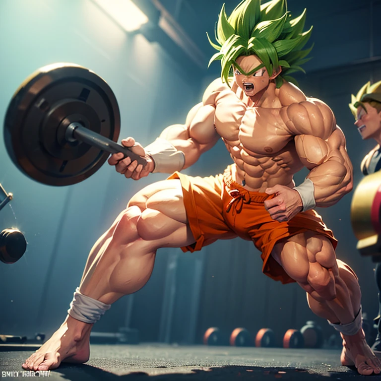 (A detailed drawing of Son Goku, bodybuilding gym.), shirtless, barefoot