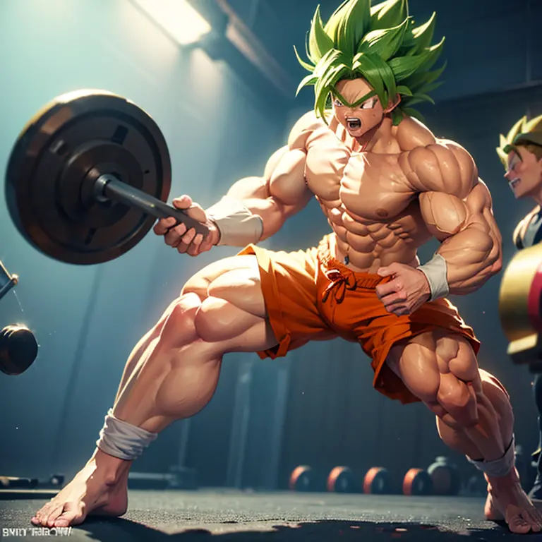 (Eine detaillierte Zeichnung von Son Goku, bodybuilding gym.), shirtless, barefoot